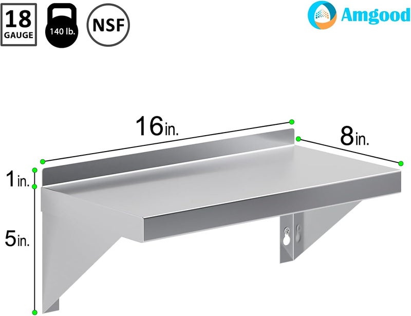 AmGood 08" Width x 16" Length | Stainless Steel Wall Shelf | Square Edge | Metal Shelving | Heavy Duty | Commercial Grade | Wall Mount | NSF Certified - Image 3